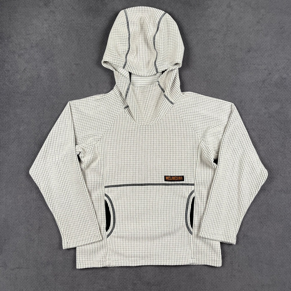 Melanzana Micro Grid Hoodie Kids Medium Cream Black Grid Fleece Made in USA